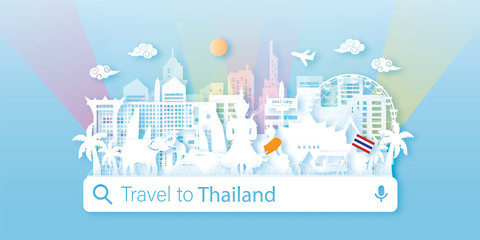 Travel Thailand postcard, poster, tour advertising of world famous landmarks in paper cut style. Vectors illustrations