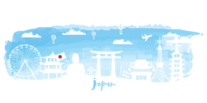 Welcome to Japan. Travel postcard, poster, tour advertising of world famous landmarks. Vectors illustrations
