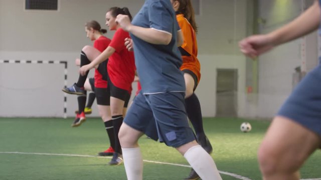 Side view shot of female team of professional soccer athletes in sports uniform doing warmup pregame workout on indoor field