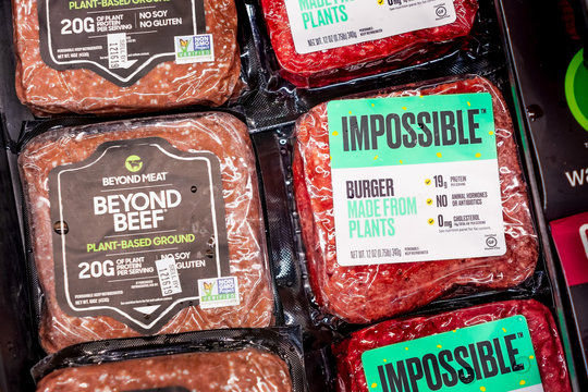 Dec 8, 2019 Los Angeles / CA / USA - Impossible burger and Beyond Beef packages sold next to each other in a Gelson's Markets store; both products are plant based