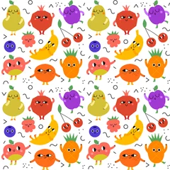 Fotobehang Pattern with fruit characters. Happy fruits for kids. Cartoon vector illustration.  © Mystery Kit