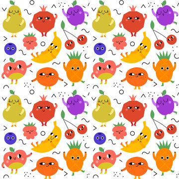 Pattern with fruit characters. Happy fruits for kids. Cartoon vector illustration. 
