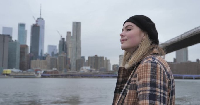 Inspiring happy content young woman looking thinking living city lifestyle NYC