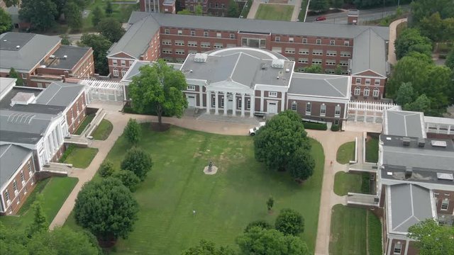 Aerial flying over the  University of Virginia. It was founded by Thomas Jefferson in 1819. Charlottesville, Virginia, USA. 18 August 2019