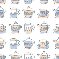 Seamless pattern with hand drawn sketchy tea and coffee cups. Coffee break tiling background.