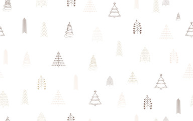 Hand drawn Christmas tree seamless pattern background vector stock illustration. White Doodle ink seamless pattern for New Year