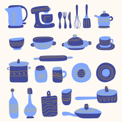 Collection of glassware, kitchenware and cookware. Set of kitchen utensils for home cooking and tools for food preparation isolated on white background. Colored vector illustration in doodle style.