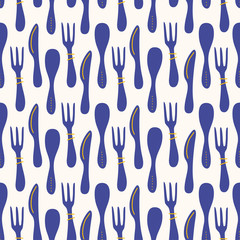 Vector hand drawn illustration seamless pattern background with table set kitchen utensils: fork, knife, spoon set. Wrapping, textile, wallpaper texture