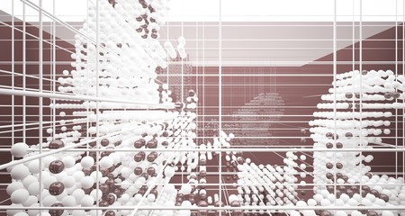 Abstract brown  interior from array white spheres with window. 3D illustration and rendering.