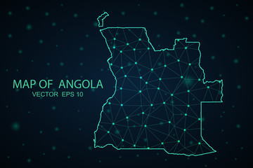 Map of Angola from Polygonal wire frame low poly mash, contours network line, luminous space stars, design sphere, dot and structure. Vector Illustration EPS10.