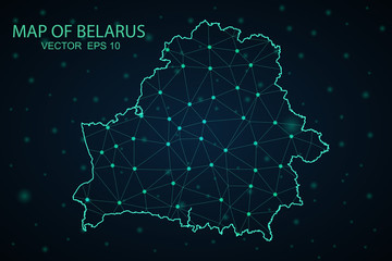 Map of Belarus from Polygonal wire frame low poly mesh, contours network line, luminous space stars, design sphere, dot and structure. Vector Illustration EPS10.