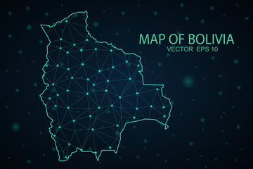 Map of Bolivia from Polygonal wire frame low poly mesh, contours network line, luminous space stars, design sphere, dot and structure. Vector Illustration EPS10.