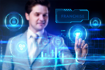 Business, Technology, Internet and network concept. Marketing content. Businessman presses a button Franchise on the virtual screen tablet future.