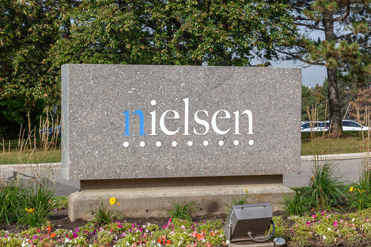 Markham, Ontario, Canada - September 20, 2019: Sign of Nielsen Canada in Markham, Ontario, Canada. Nielsen Holdings Plc is an American information, data and measurement firm. 