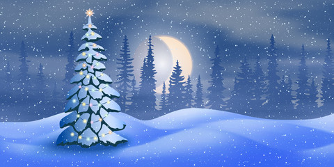 Fantasy on the theme of the winter landscape. Night, moon and forest. Snowdrifts, it is snowing. Christmas tree in a garland. Vector illustration, EPS10