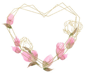 Golden Heart Valentines and Wedding crystal Polygonal Frame with rose peony petals, leaves and flowers. Heart Shape Wreath Banner template for holidays, invitation, greeting cards. Summer Spring decor