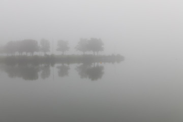 Fototapeta premium Tree lined peninsula reflections in lake in fog
