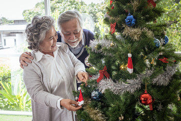 Couple of elderly man and woman happy with smile and help to prepare and gift or decorate Christmas tree in living room that decorated for christmas festival holiday concept