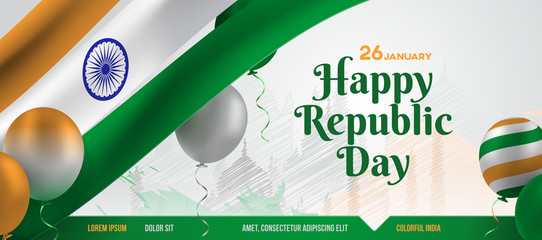 26 January happy Indian Republic day celebration horizontal banner background 3d vector template