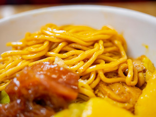 Close up shot of Myanmar style dry noodle