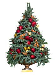 Beautiful christmas tree in golden tray isolated on white background.