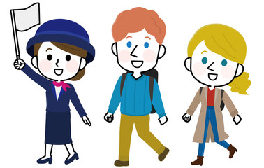 ガイドをつけて旅行する白人　男女　イラスト