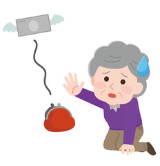 飛んで行くお金　悲しむ高齢温女性　イラスト