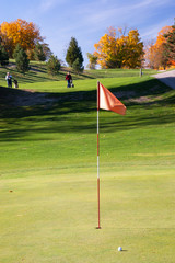 landscape fall foliage at Golf Course flag in hole at front