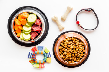 Pet care concept. Dry feed and meat in bowls near collar and bones on white background top view