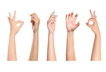 Set of woman hands showing isolated on white background.