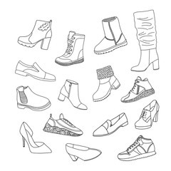 Set of shoes vector. Fashionable sneakers, shoes, boots. For women and men. Flat illustration. Cartoon isolated on a white background.
