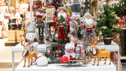 Santa and Deer dolls and snowmen that are sold in stores during the Christmas New Year.
