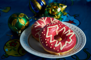 Christmas food and decoration on blue background
