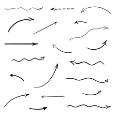 Arrow on isolated white background. Hand drawn wavy arrows. Black and white illustration