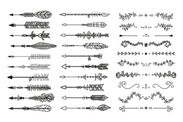 Black arrows and ornaments on white. Hand drawn ornate elements with abstract patterns on isolation background. Black and white illustration