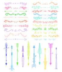 Hand drawn colorful dividers and ornate arrows on white. Abstract decor elements