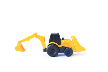 The yellow toy car Bulldozer-Excavator isolated on white background. Children's backhole toy model.