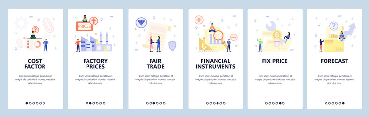 Mobile app onboarding screens. Business charts, trade deal and contracts, financial forecast. Menu vector banner template for website and mobile development. Web site design flat illustration