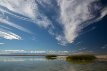 Cloudy view on a mountain lake. Mongolia cloudy sky