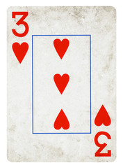 Three of Hearts Vintage playing card - isolated on white (clipping path included)