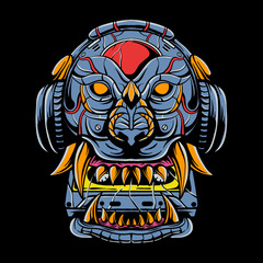 lion robotic eating cassete tape and wearing headphone vector illustration. Lion cyborg for poster, tshirt design, sticker, banner and flyer music festival