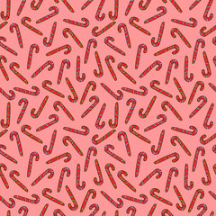 Seamless hand drawn pattern with watercolor candy cane, sweets, lollipop. New year and Christmas backgrounds and texture. For greeting cards, wrapping paper, packaging, fabric, calendars, prints