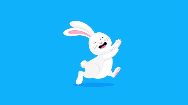 Set of  white rabbits in different pose and expression. Happy Easter day, cartoon character design. Animation on blue background.