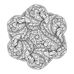 Black and white ethnic style floral mandala pattern for antistress coloring. Abstract coloring page.