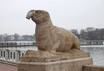 The sculpture made of artificial stone of a sea elephant was installed on the embankment of the...