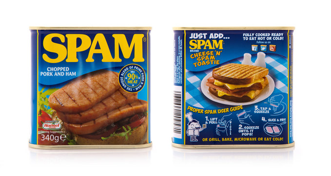 Front and rear views of a Tin of SPAM chopped pork and ham on a white background with copyspace showing how to make a Cheese N Spam toastie.