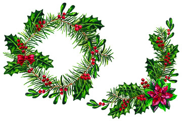 Fototapeta na wymiar Christmas watercolor wreath and arrangement with Poinsettia