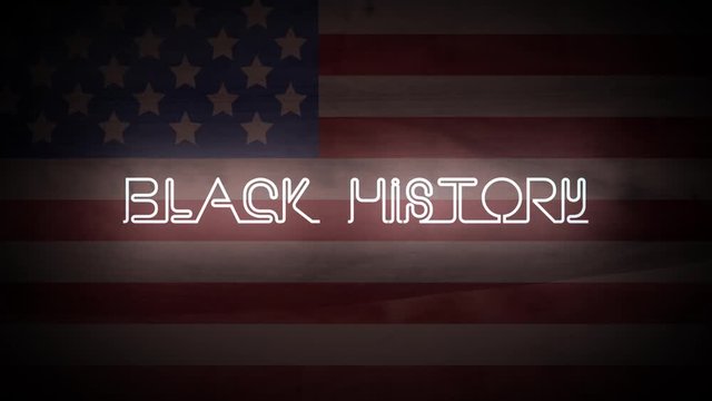 Black History intro neon sign animated with the American flag and map in the background.