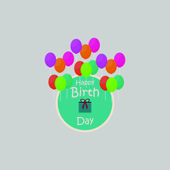 Happy Birthday. Beautiful greeting card poster with gift and balloon. Hand drawn, design elements logo vector