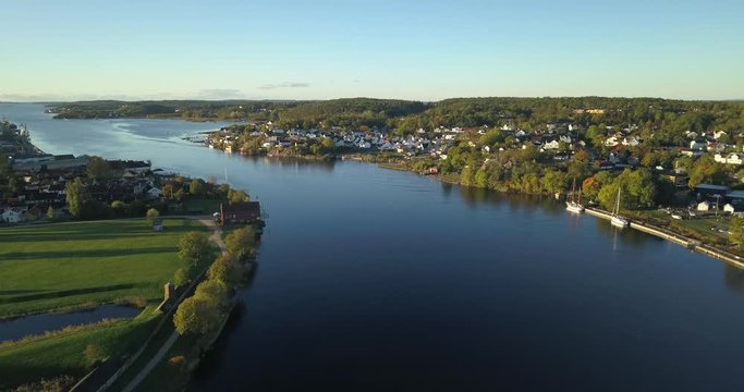 Aerial Drone flying over river Glomma outside Fredrikstad Norway